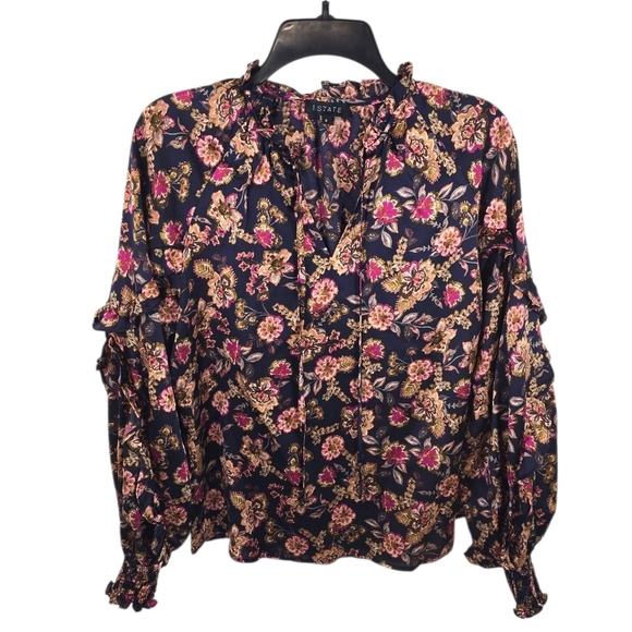 {1.STATE} Women's Floral Ruffle Split Neck Long-Sleeve Blouse - Size Small - Picture 3 of 13